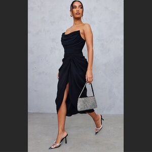 NWOT PLT PRETTY LITTLE THING BLACK CHIFFON CORSET BANDEAU DRAPED MIDI DRESS 6